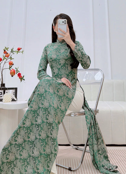 Green Thanh Giang Vietnamese Ao Dai With Pants- Traditional Dress for Weddings