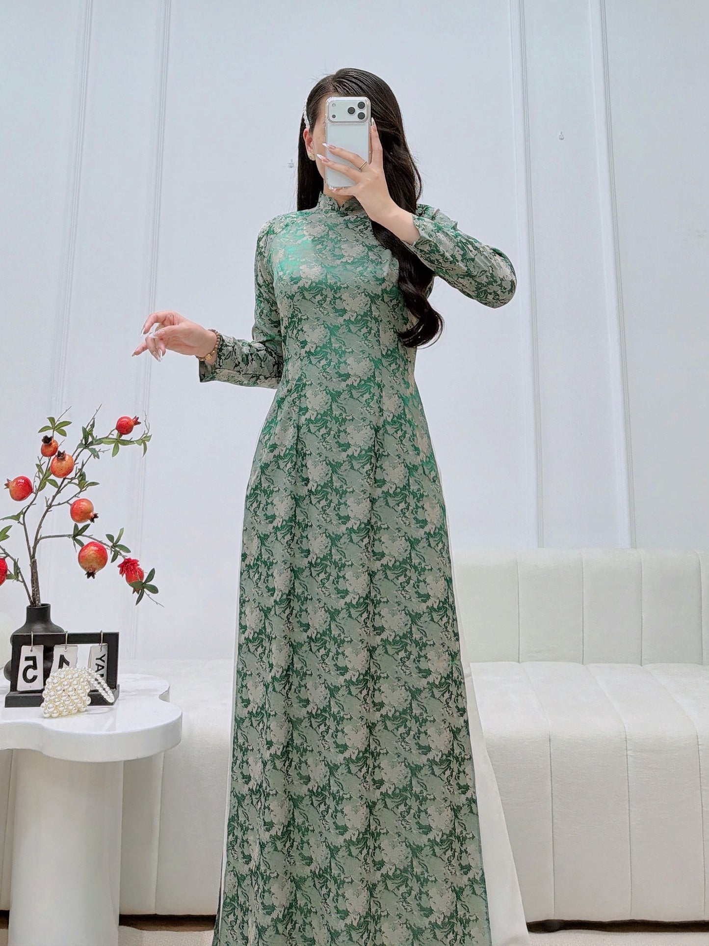 Green Thanh Giang Vietnamese Ao Dai With Pants- Traditional Dress for Weddings
