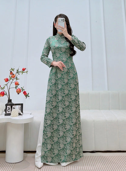 Green Thanh Giang Vietnamese Ao Dai With Pants- Traditional Dress for Weddings