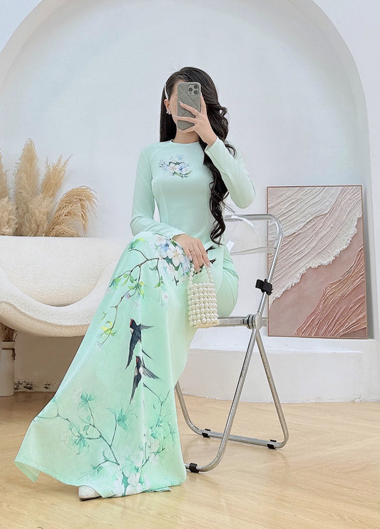 Pre-order: 3D Printed White Blossom Ao Dai | Traditional Vietnamese Dress for Women