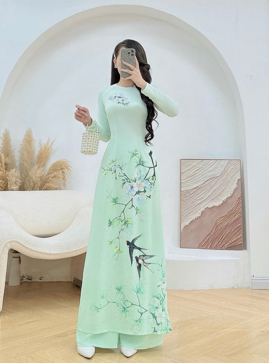 Pre-order: 3D Printed White Blossom Ao Dai | Traditional Vietnamese Dress for Women