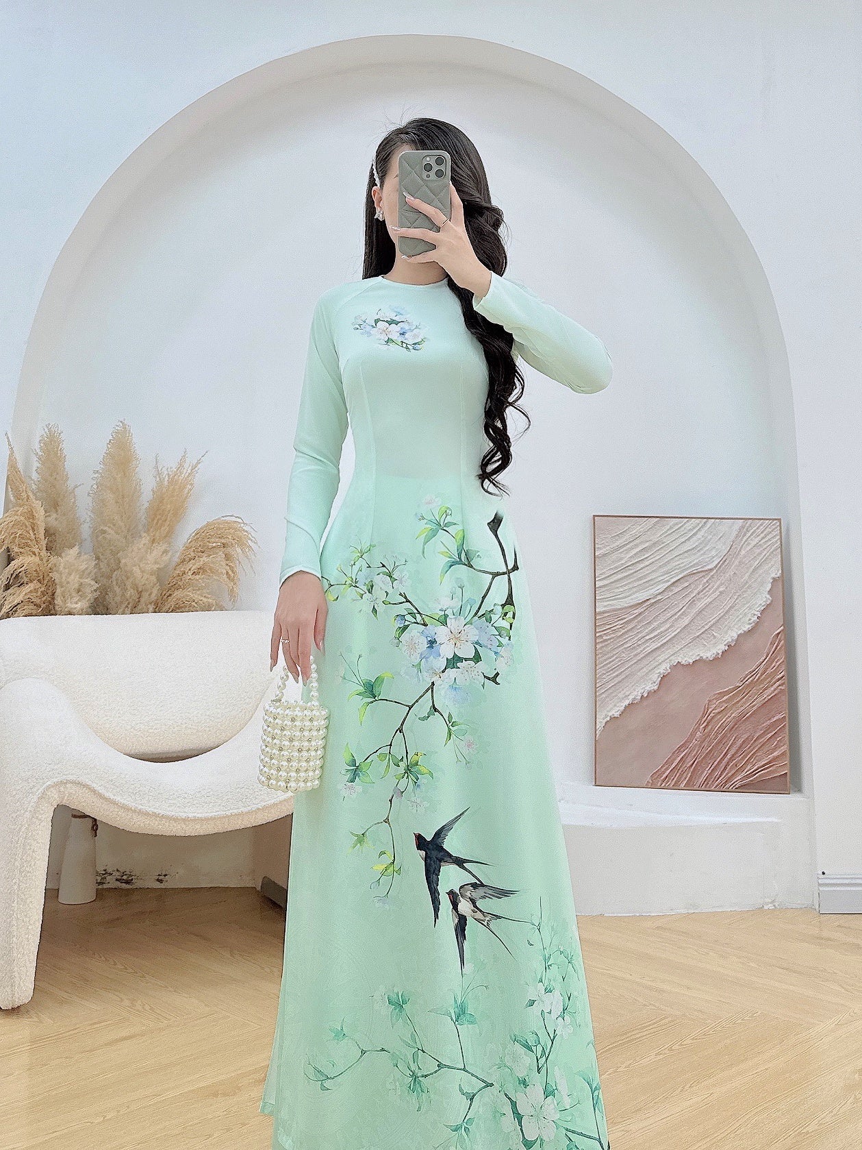 Pre-order: 3D Printed White Blossom Ao Dai | Traditional Vietnamese Dress for Women