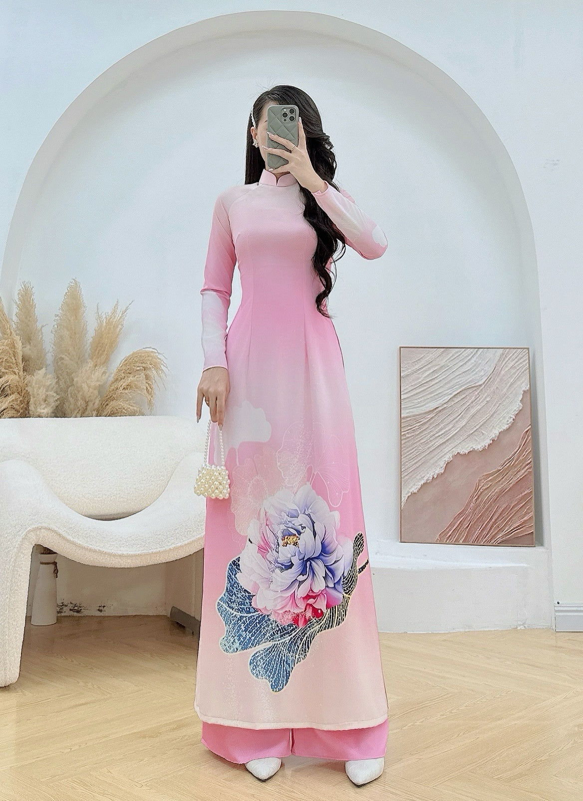 Pre-order: Pink Silk Ao Dai For Women - 3D Floral Printed Vietnamese Dress