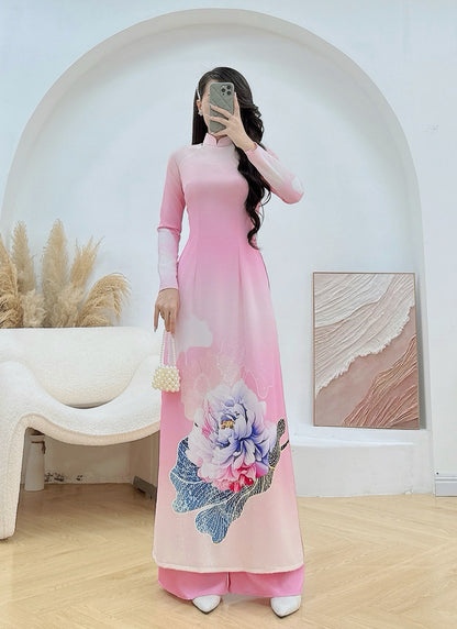 Pre-order: Pink Silk Ao Dai For Women - 3D Floral Printed Vietnamese Dress