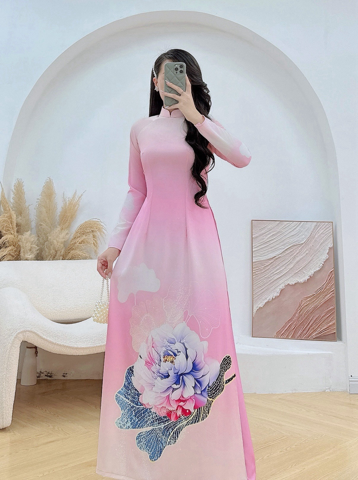 Pre-order: Pink Silk Ao Dai For Women - 3D Floral Printed Vietnamese Dress
