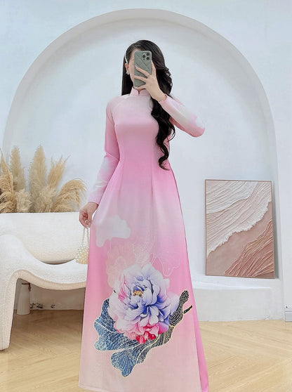 Pre-order: Pink Silk Ao Dai For Women - 3D Floral Printed Vietnamese Dress