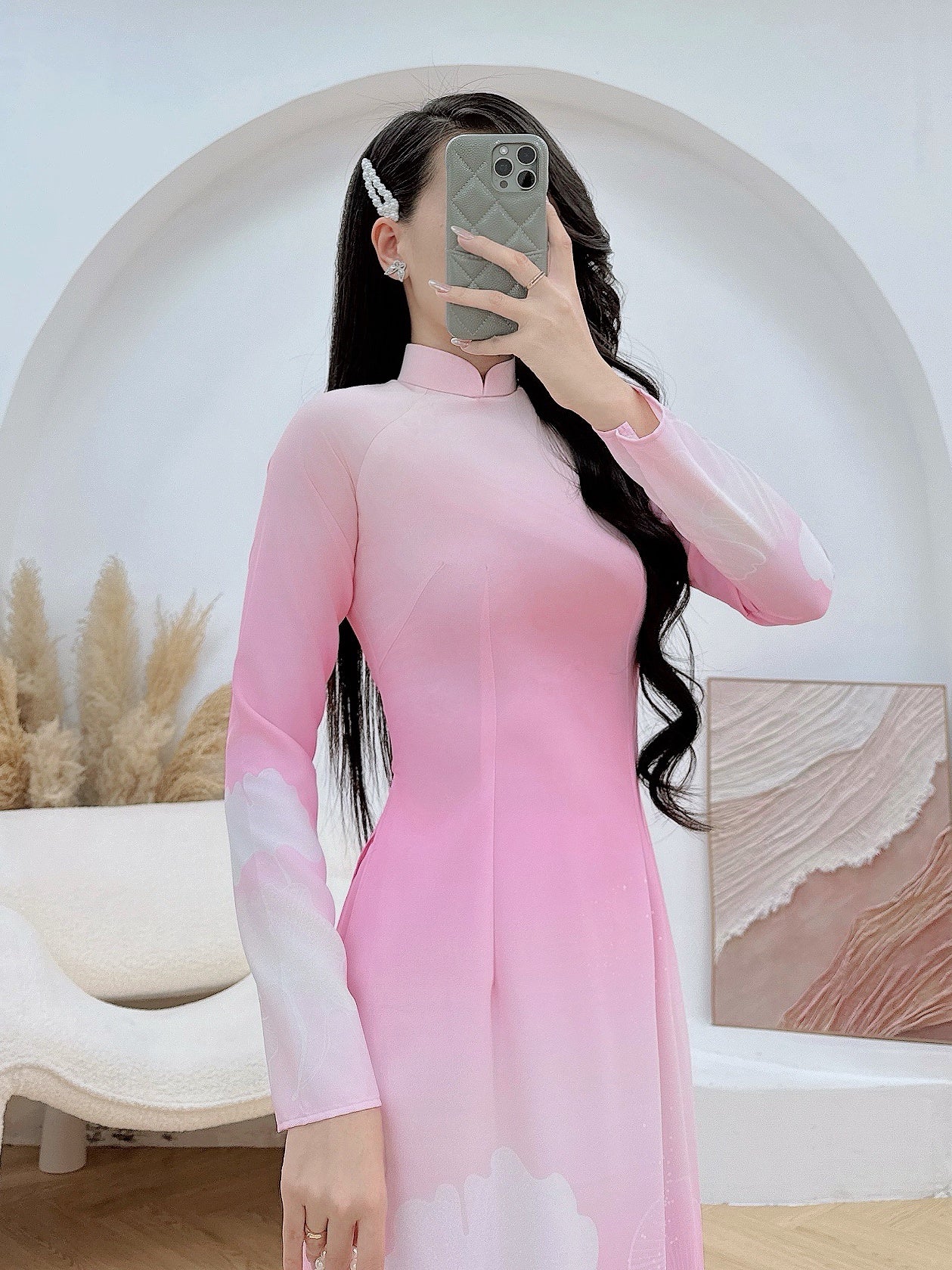 Pre-order: Pink Silk Ao Dai For Women - 3D Floral Printed Vietnamese Dress