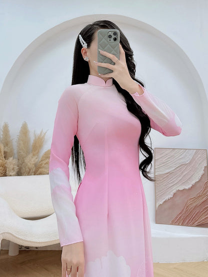 Pre-order: Pink Silk Ao Dai For Women - 3D Floral Printed Vietnamese Dress