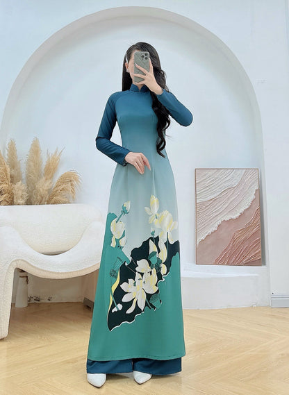 Pre-order: Vietnamese Ao Dai For Women - 3D Flower Printed Long Dress