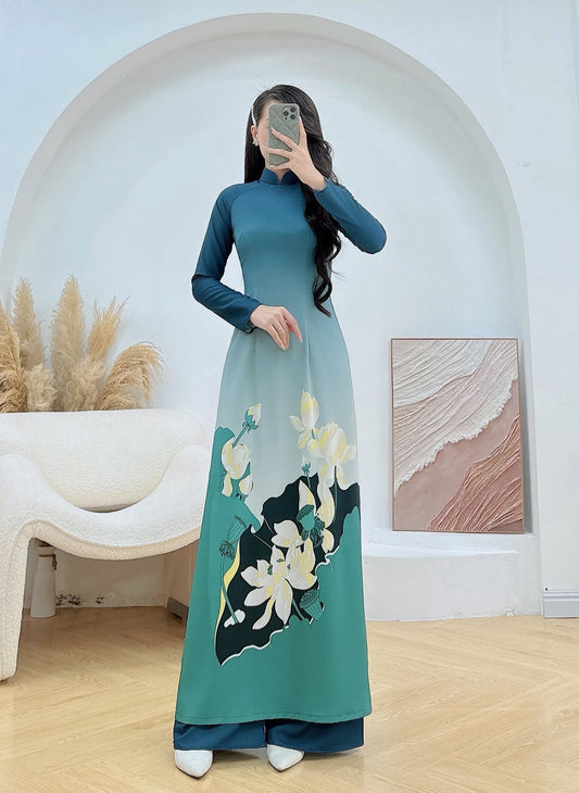 Pre-order: Vietnamese Ao Dai For Women - 3D Flower Printed Long Dress