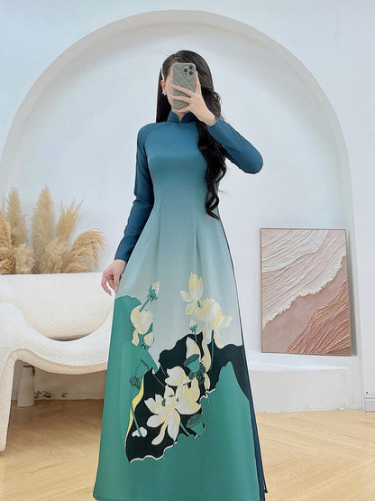 Pre-order: Vietnamese Ao Dai For Women - 3D Flower Printed Long Dress