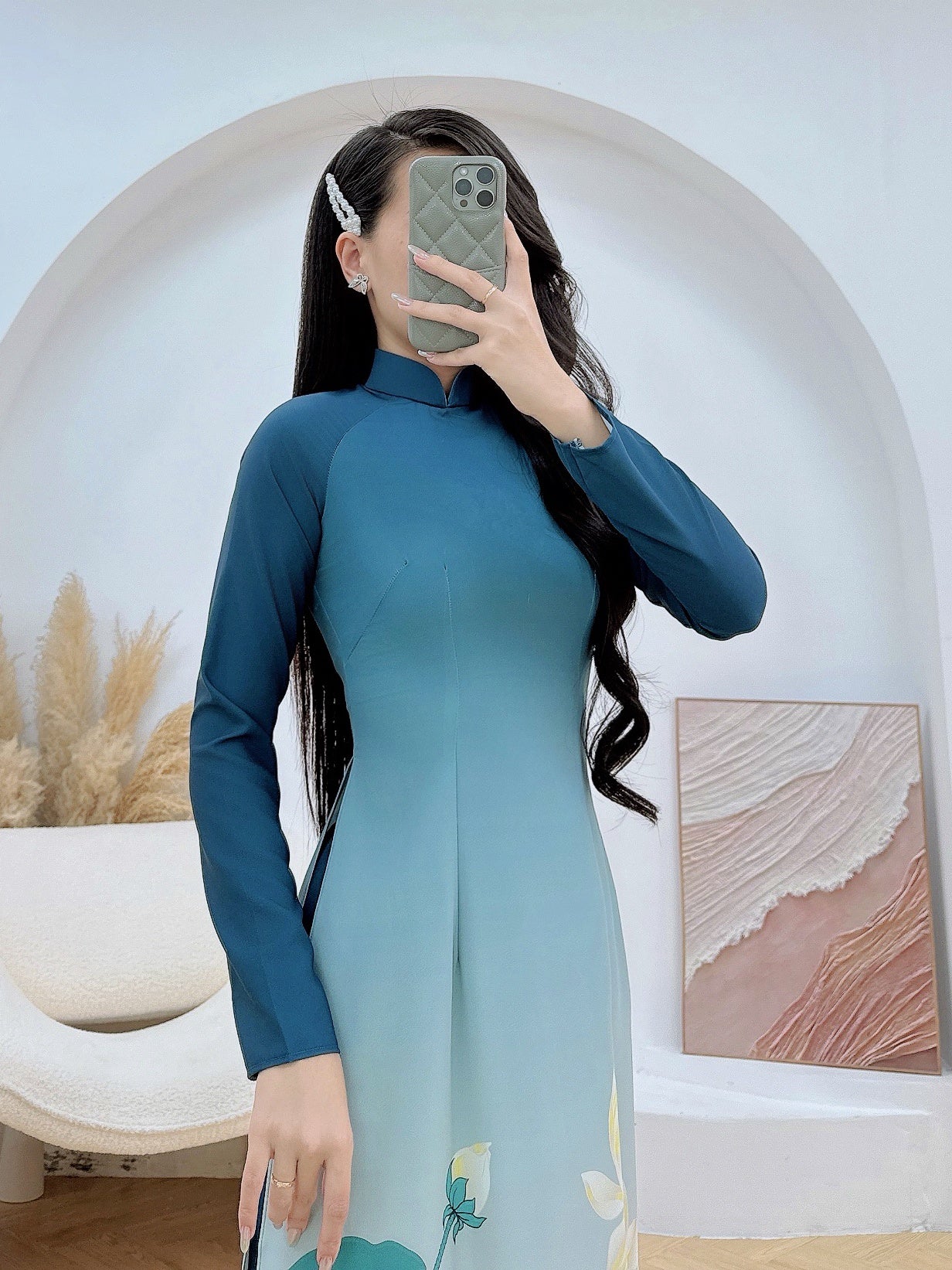 Pre-order: Vietnamese Ao Dai For Women - 3D Flower Printed Long Dress
