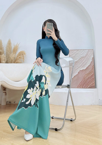 Pre-order: Vietnamese Ao Dai For Women - 3D Flower Printed Long Dress