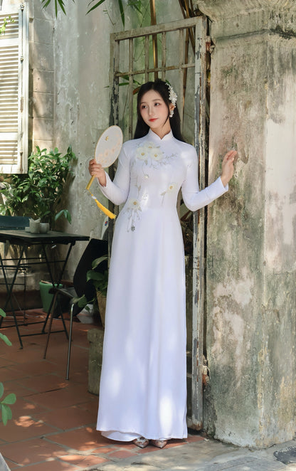White Chiffon Silk With 3D Floral Embroidered - Traditional ao dai vietnam