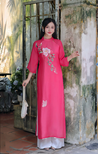 LAM Sheer sleeves Vietnamese ao dai | Hot pink ao dai women | NO pants