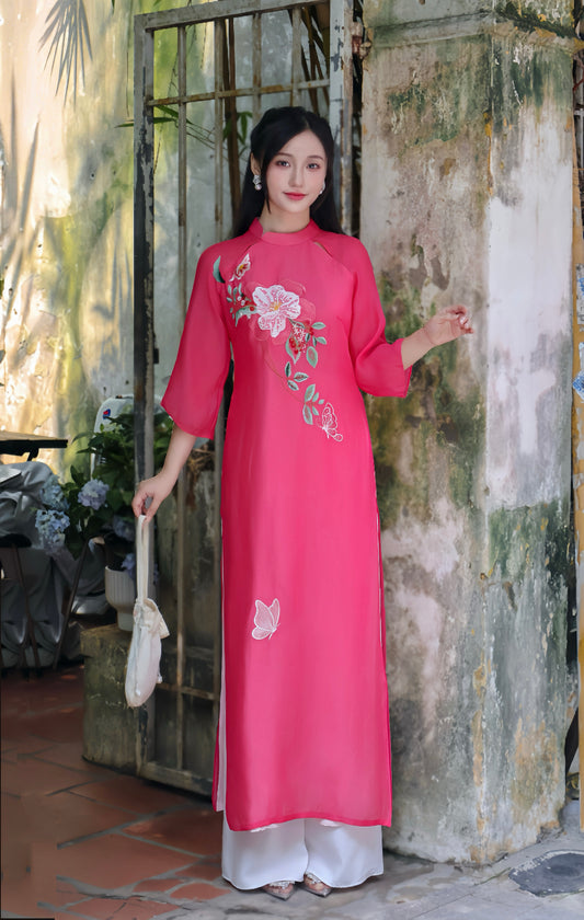 LAM Sheer sleeves Vietnamese ao dai | Hot pink ao dai women | NO pants