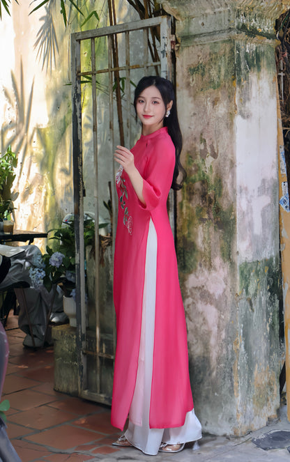 LAM Sheer sleeves Vietnamese ao dai | Hot pink ao dai women | NO pants