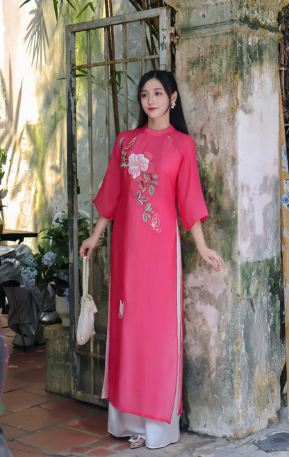 LAM Sheer sleeves Vietnamese ao dai | Hot pink ao dai women | NO pants