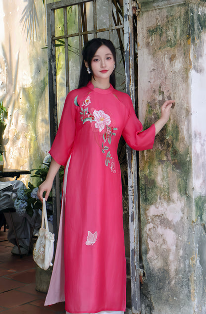 LAM Sheer sleeves Vietnamese ao dai | Hot pink ao dai women | NO pants
