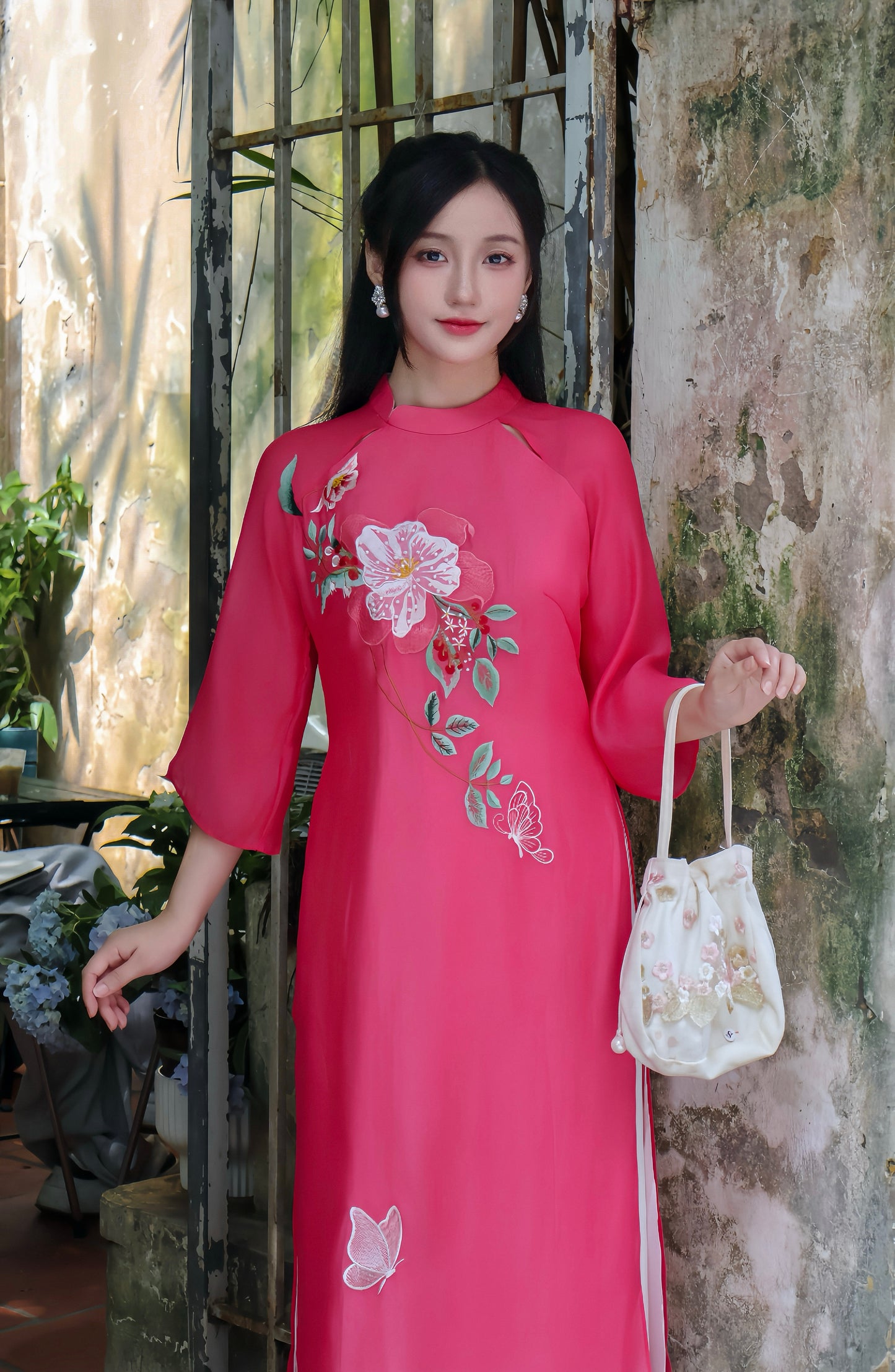 LAM Sheer sleeves Vietnamese ao dai | Hot pink ao dai women | NO pants