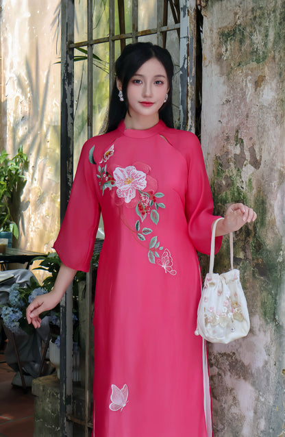 LAM Sheer sleeves Vietnamese ao dai | Hot pink ao dai women | NO pants