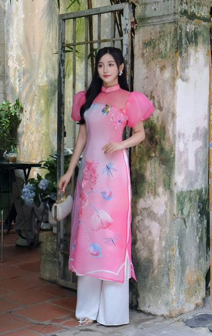 LIEU Luxury Pink Ao Dai with butterfly sparkle | Modern Vietnamese ao dai for women | NO pants