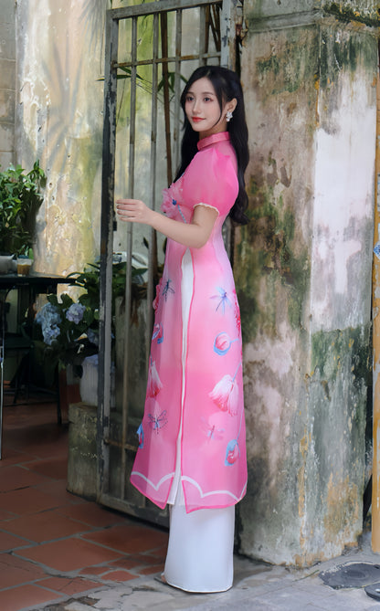 LIEU Luxury Pink Ao Dai with butterfly sparkle | Modern Vietnamese ao dai for women | NO pants