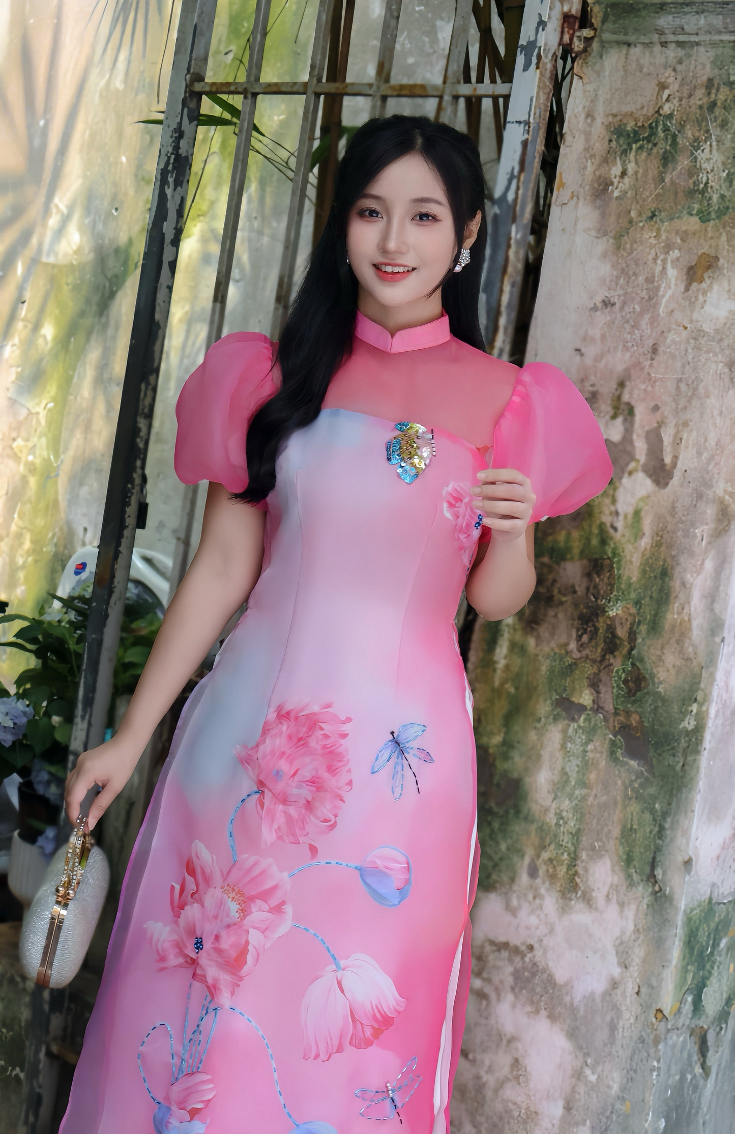 LIEU Luxury Pink Ao Dai with butterfly sparkle | Modern Vietnamese ao dai for women | NO pants