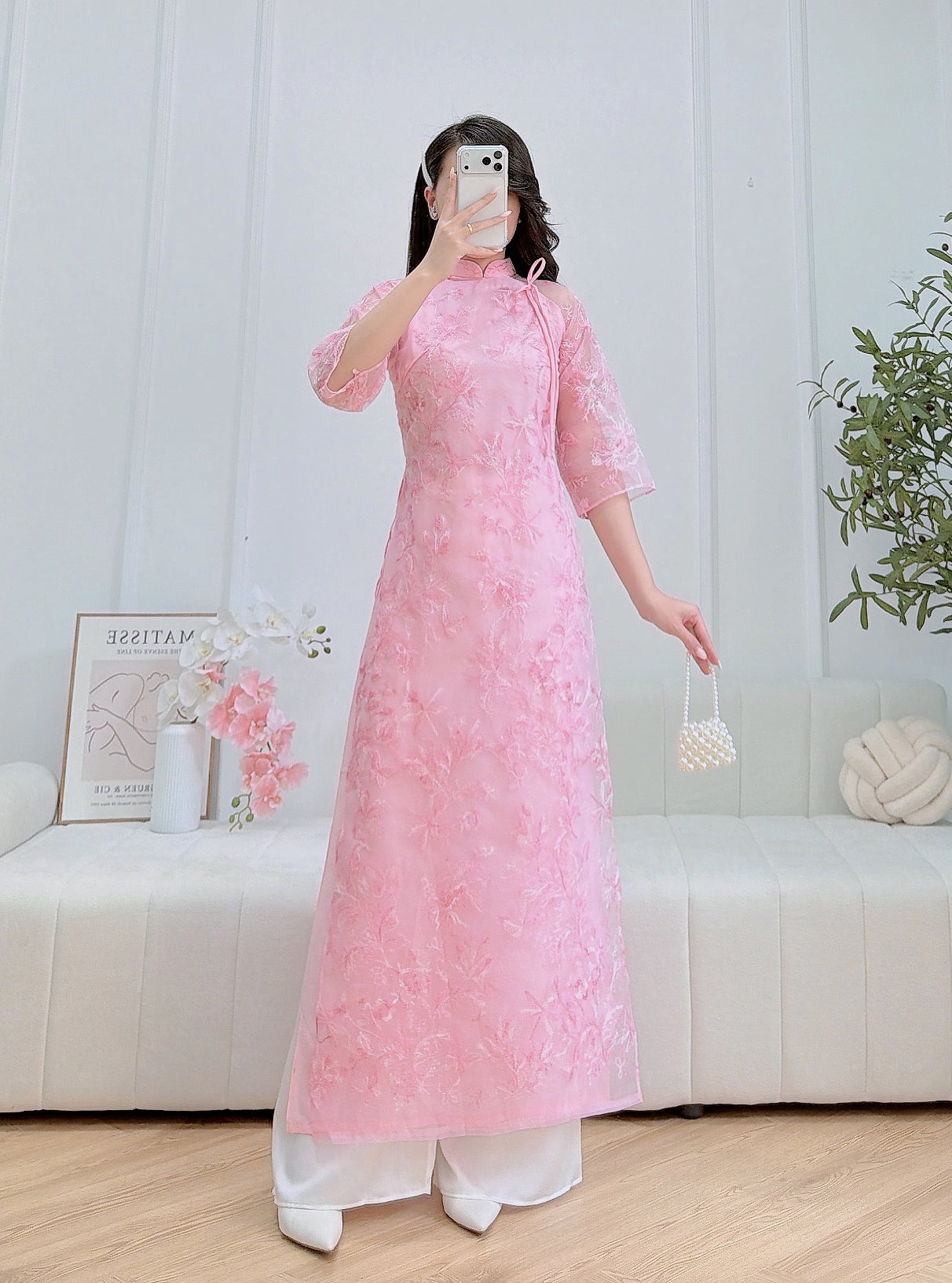 Pre-made Pink Flower Embroidered Ao Dai - Women Ao Dai with Tie Bow neck - No Pants