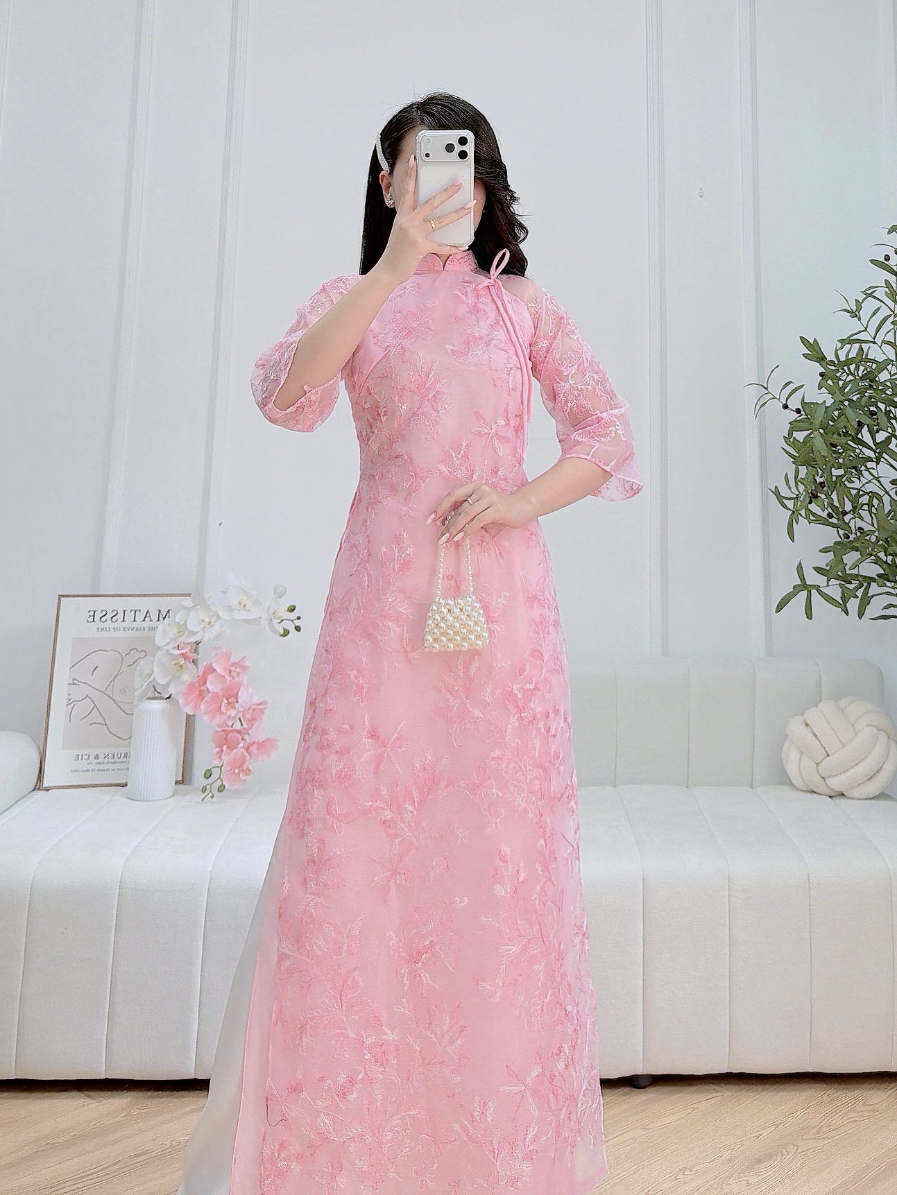 Pre-made Pink Flower Embroidered Ao Dai - Women Ao Dai with Tie Bow neck - No Pants
