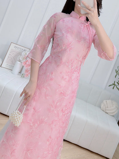 Pre-made Pink Flower Embroidered Ao Dai - Women Ao Dai with Tie Bow neck - No Pants