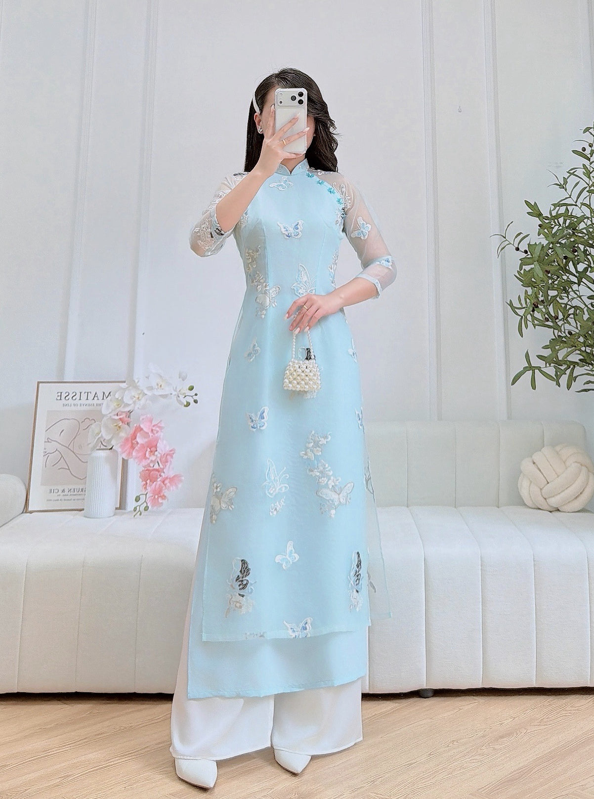 Charming Blue Embroidered Áo Dài - Traditional Vietnamese Dress for Elegant Occasions | Ideal for Weddings & Cultural Events