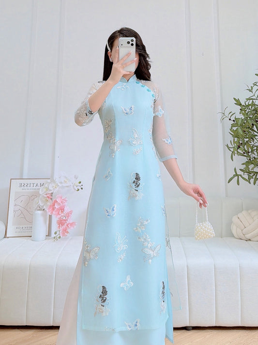 Charming Blue Embroidered Áo Dài - Traditional Vietnamese Dress for Elegant Occasions | Ideal for Weddings & Cultural Events