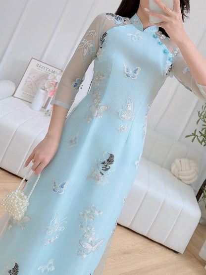 Charming Blue Embroidered Áo Dài - Traditional Vietnamese Dress for Elegant Occasions | Ideal for Weddings & Cultural Events