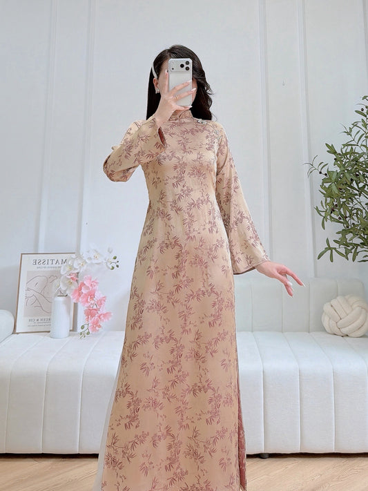 Elegant Pink Embroidered Áo Dài - Traditional Vietnamese Dress for Special Occasions