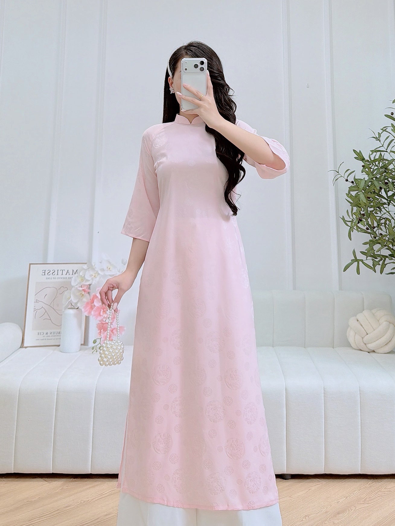 Pastel pink ao dai set - Traditional Vietnamese dress for women