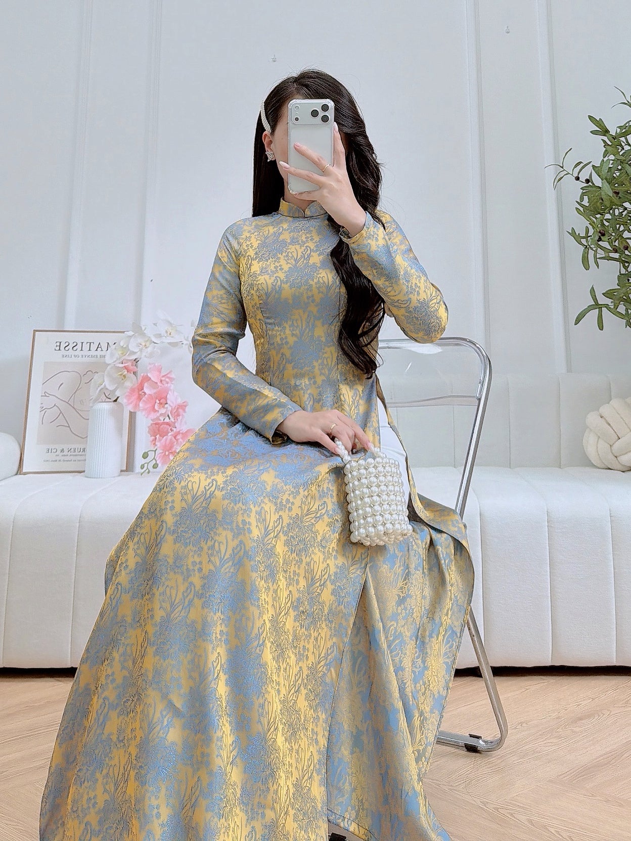 Pre-order : Traditional Vietnamese Ao Dai Dress in Elegant Blue and Gold Floral Pattern - No Pants