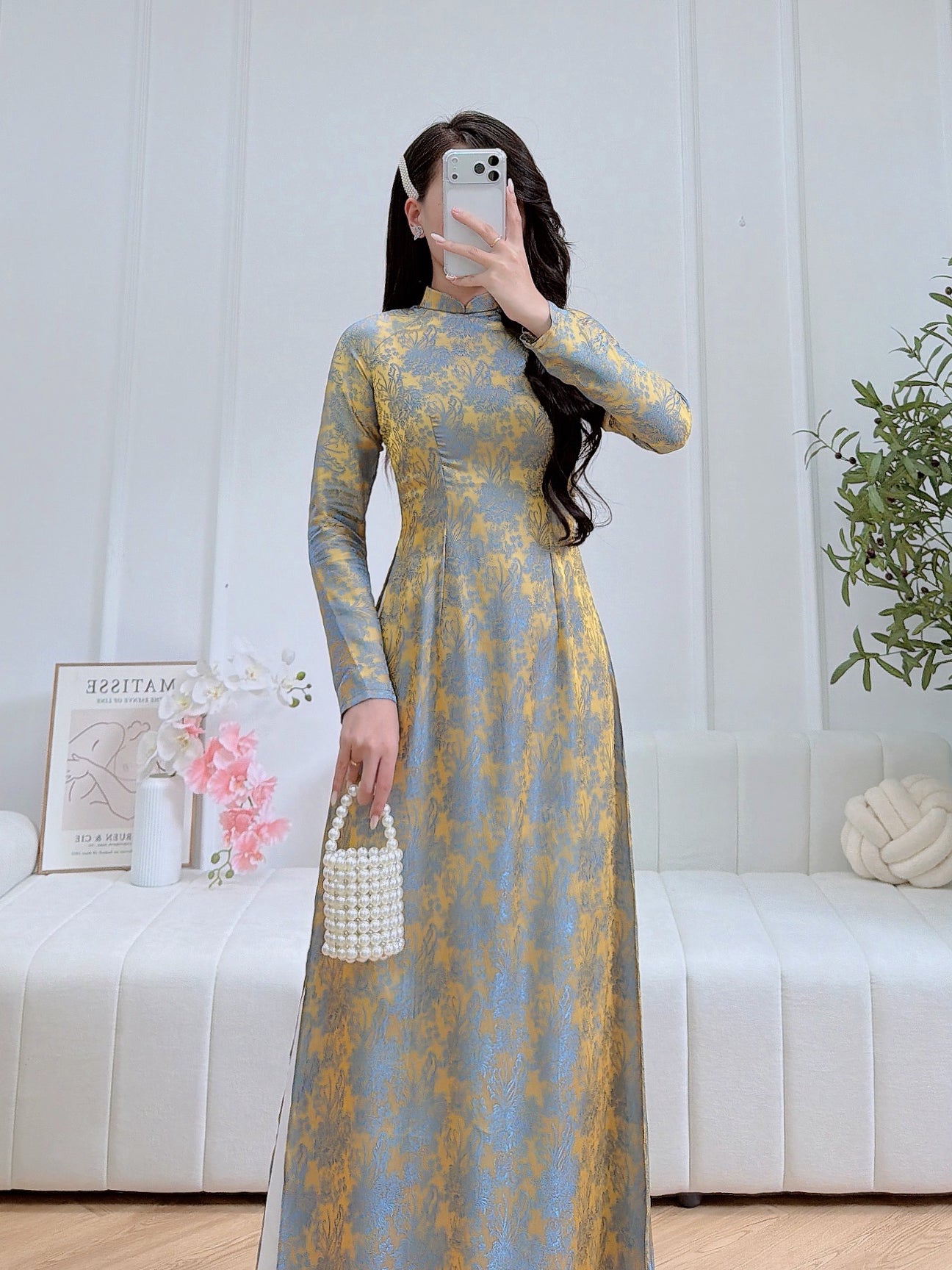 Pre-order : Traditional Vietnamese Ao Dai Dress in Elegant Blue and Gold Floral Pattern - No Pants