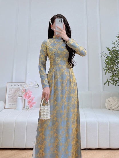 Pre-order : Traditional Vietnamese Ao Dai Dress in Elegant Blue and Gold Floral Pattern - No Pants