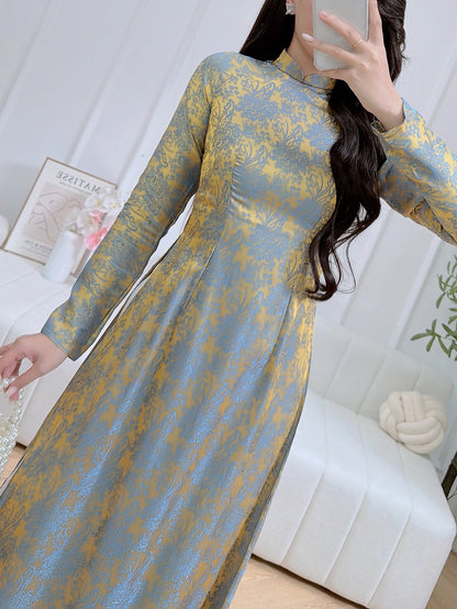 Pre-order : Traditional Vietnamese Ao Dai Dress in Elegant Blue and Gold Floral Pattern - No Pants