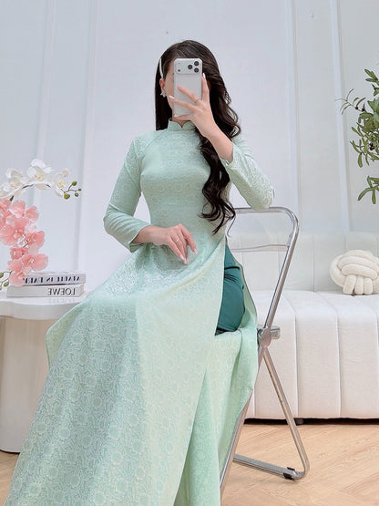 Mint Gam Vietnamese Ao Dai With Blue Pants- Traditional Dress for Weddings