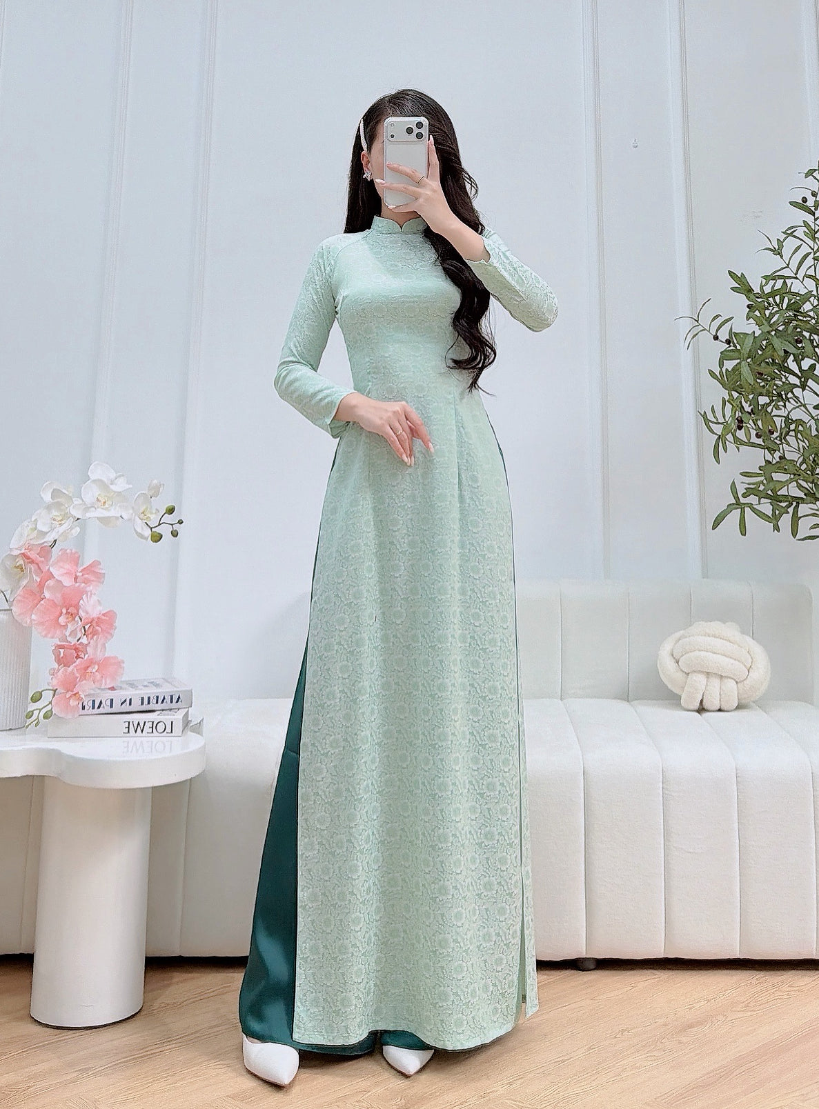 Mint Gam Vietnamese Ao Dai With Blue Pants- Traditional Dress for Weddings