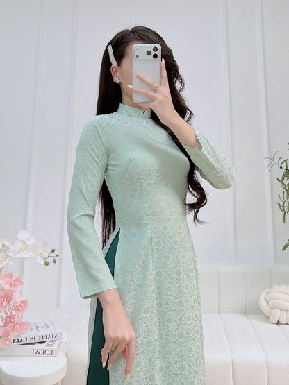 Mint Gam Vietnamese Ao Dai With Blue Pants- Traditional Dress for Weddings