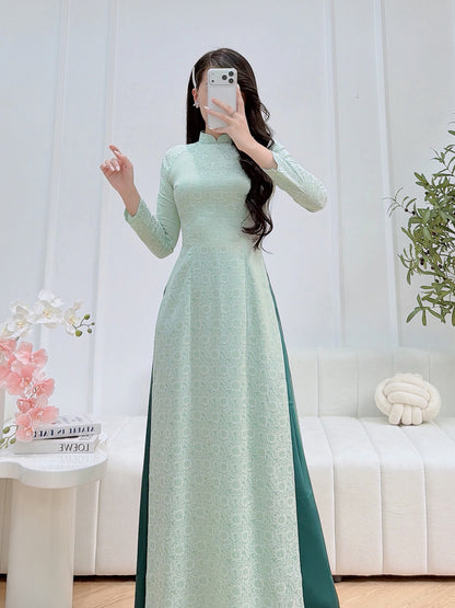 Mint Gam Vietnamese Ao Dai With Blue Pants- Traditional Dress for Weddings