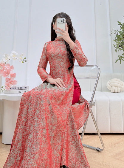 Orange and Green Silk Vietnamese Ao Dai - Traditional Dress for Weddings and Special Occasions