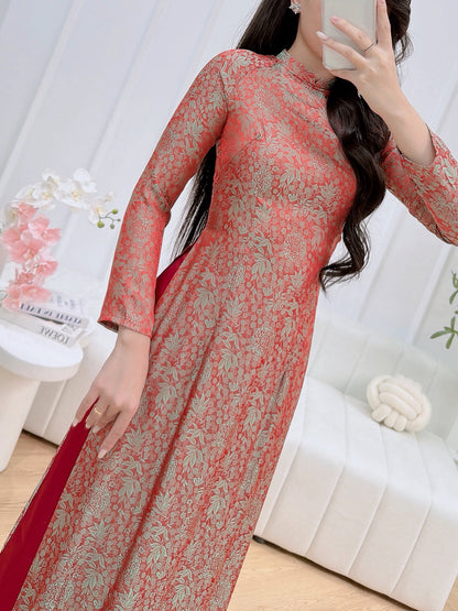 Orange and Green Silk Vietnamese Ao Dai - Traditional Dress for Weddings and Special Occasions