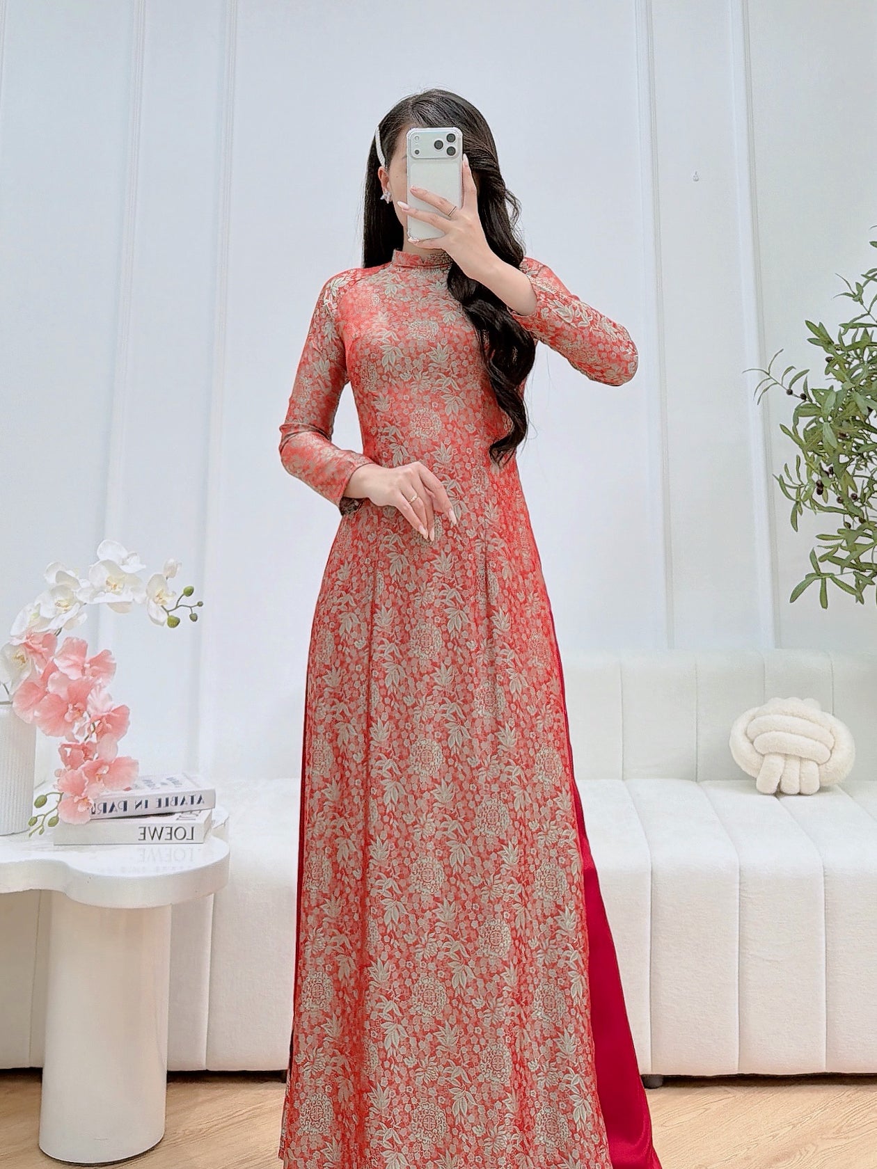 Orange and Green Silk Vietnamese Ao Dai - Traditional Dress for Weddings and Special Occasions