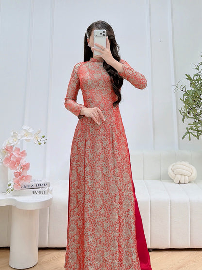 Orange and Green Silk Vietnamese Ao Dai - Traditional Dress for Weddings and Special Occasions