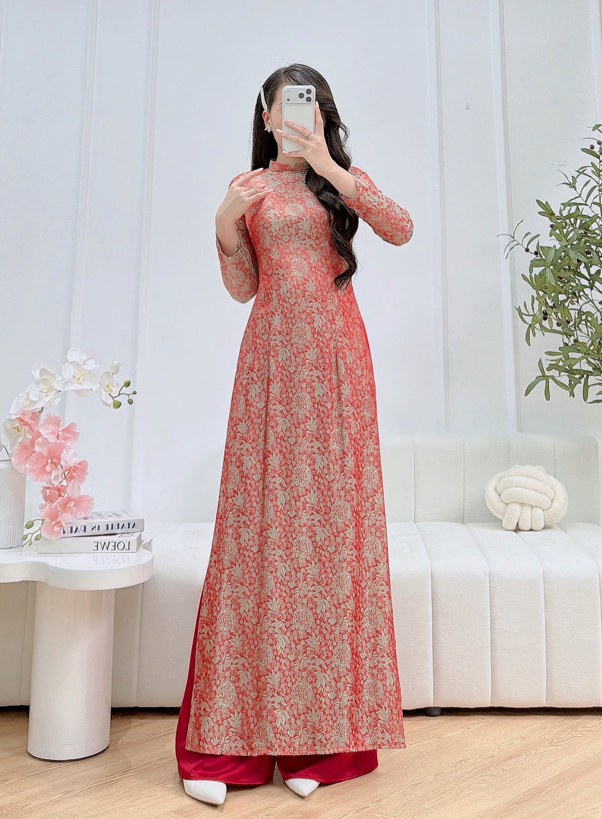 Orange and Green Silk Vietnamese Ao Dai - Traditional Dress for Weddings and Special Occasions