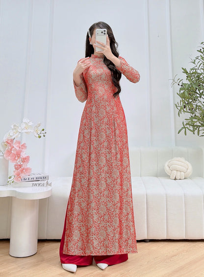 Orange and Green Silk Vietnamese Ao Dai - Traditional Dress for Weddings and Special Occasions